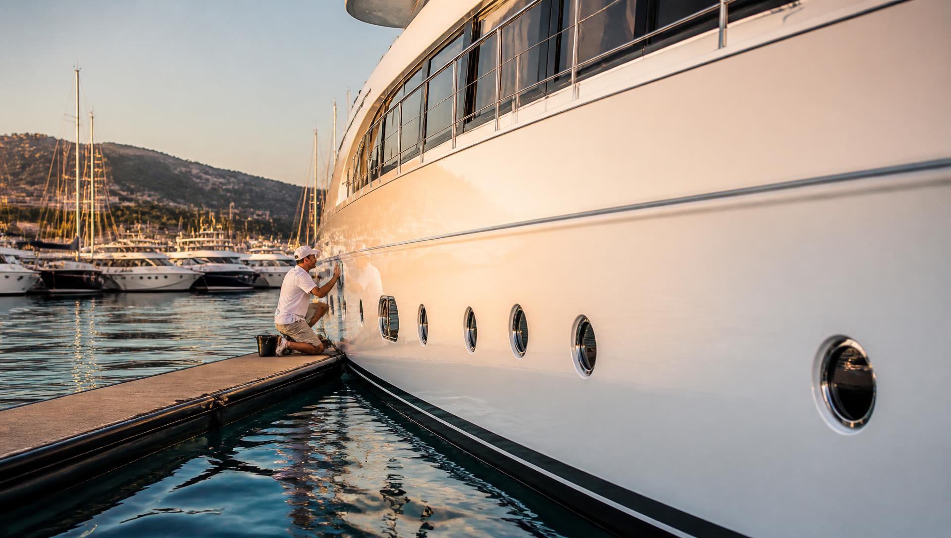 Marine technician detailing a yacht hull at a marina